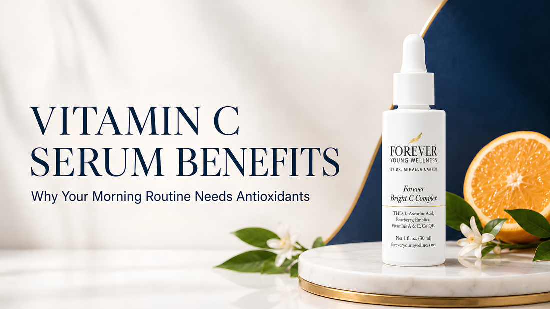 Forever Bright C Complex vitamin C serum featured in a luxury skincare setting with citrus accents.